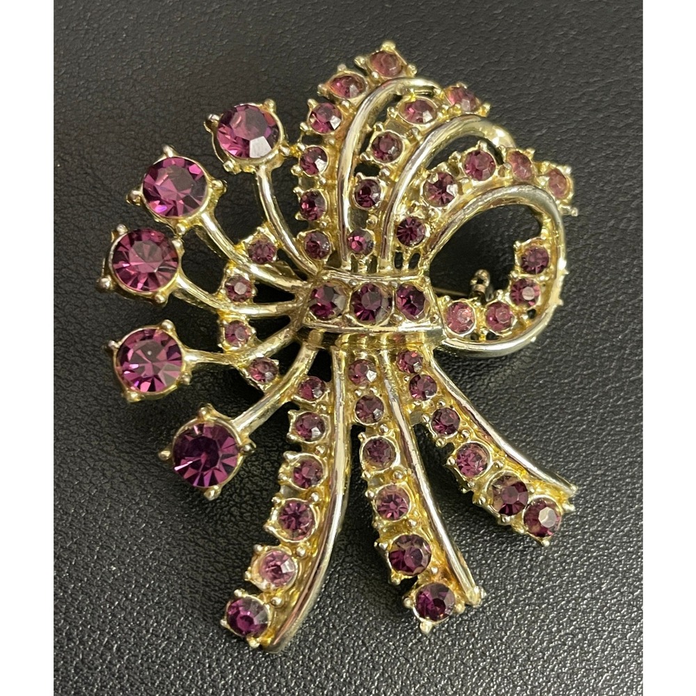Vintage Rhinestone Bow Brooch Purple Gold Tone Pin Fan Ribbon